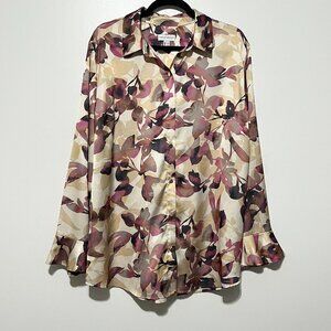 Susan Graver Womens Charmeuse Satin Button Up Top Size L Flare Sleeve Neutral